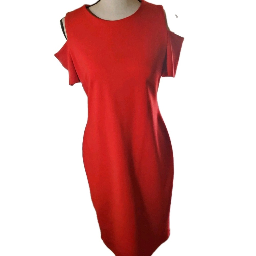 Calvin Klein Red Cold Shoulder Sheath Dress Womens 8 Midi Party Workwear 1-01148